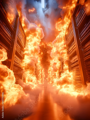 Flaming Server Room Inferno Digital apocalypse concept art for tech disaster visuals