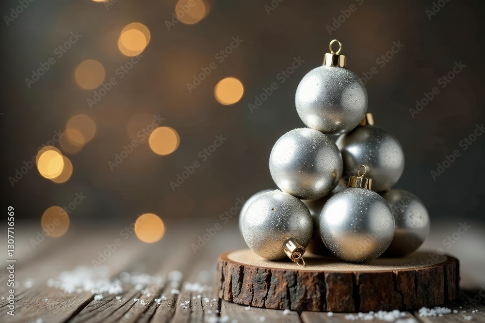 Fototapeta premium Sparkling silver ornaments stacked on a wooden base, silber kugeln aufholz, garland, holiday