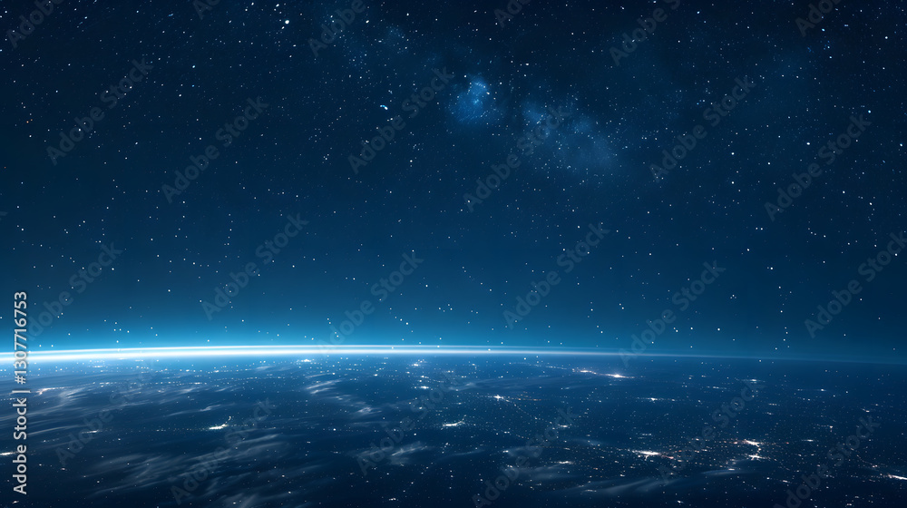 Obraz premium blue background of starry night sky and horizon of planet earth