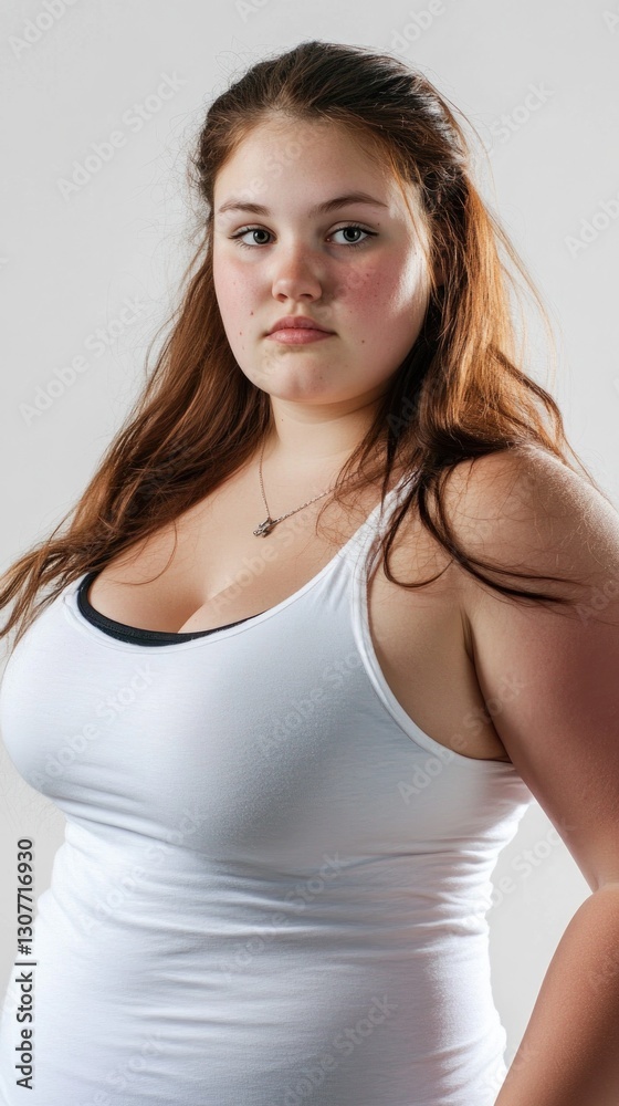 Young caucasian female with long brown hair in white tank top, obesity Young caucasian female with long brown hair in white tank top, obesity