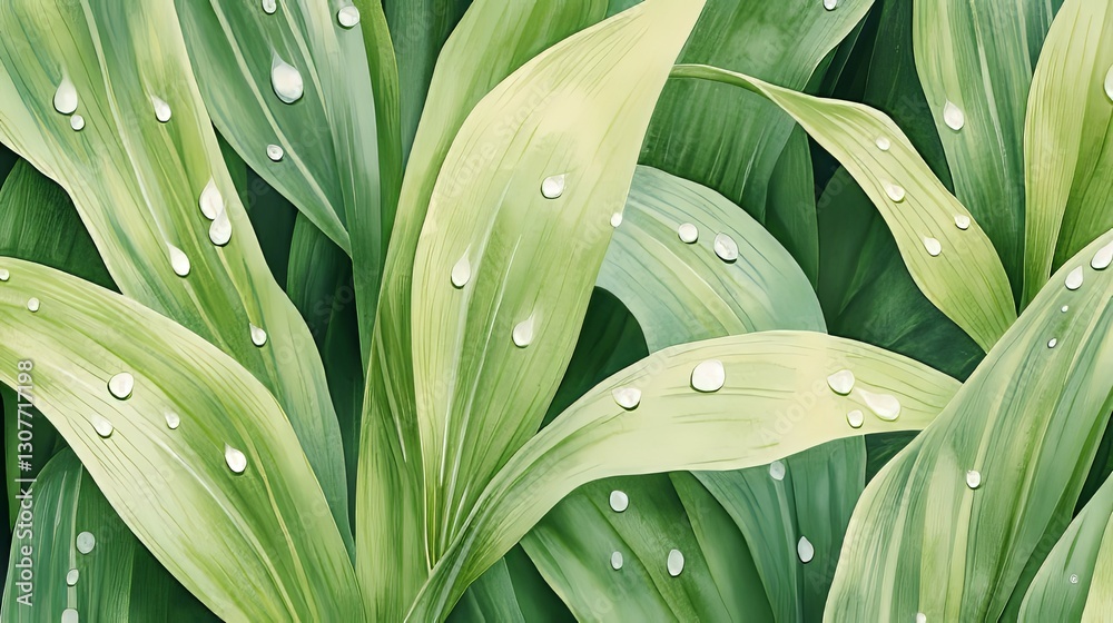 Obraz premium Dew-Kissed Lily of the Valley Leaves: A Serene Watercolor Painting