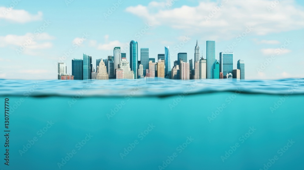 Fototapeta premium A futuristic city skyline partially submerged in clear blue water, with skyscrapers rising above the surface under a bright sky.