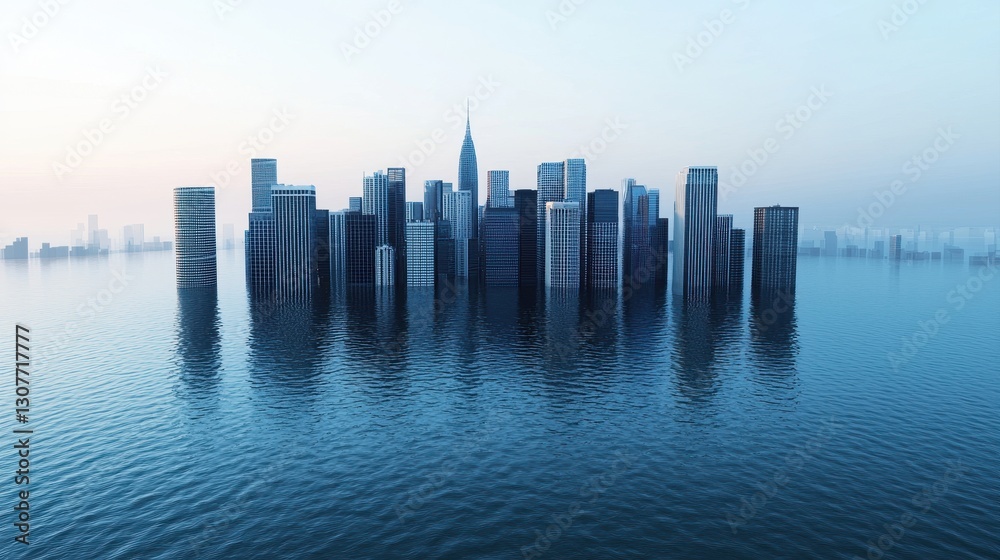 Fototapeta premium A futuristic skyline emerges from serene waters, showcasing modern architecture against a soft, tranquil backdrop.