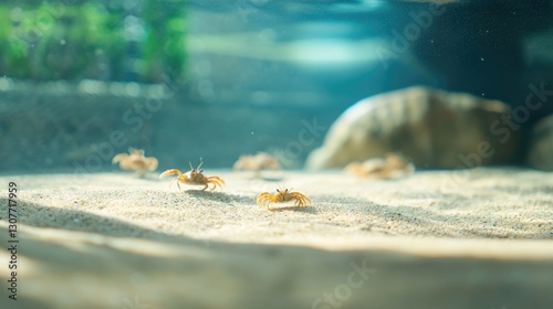 Underwater scene of tiny crabs scuttling across sandy ocean floor in sunlight
