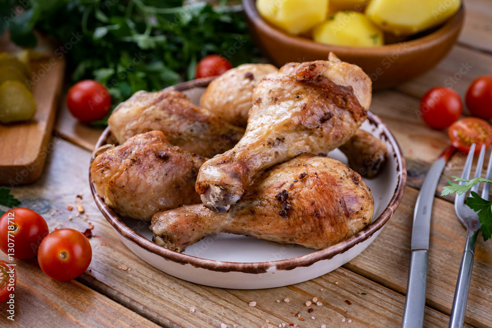 Hearty dinner: delicious grilled chicken legs on a plate. Grilled chicken legs for a family dinner on a plate on a wooden table. Close-up Hearty dinner: delicious grilled chicken legs on a plate. Grilled chicken legs for a family dinner on a plate on a wooden table. Close-up
