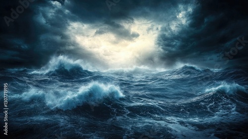 Dramatic ocean waves under stormy sky