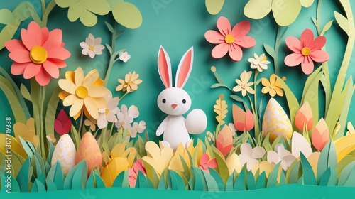 Whimsical paper bunny in vibrant floral garden with eggs photo