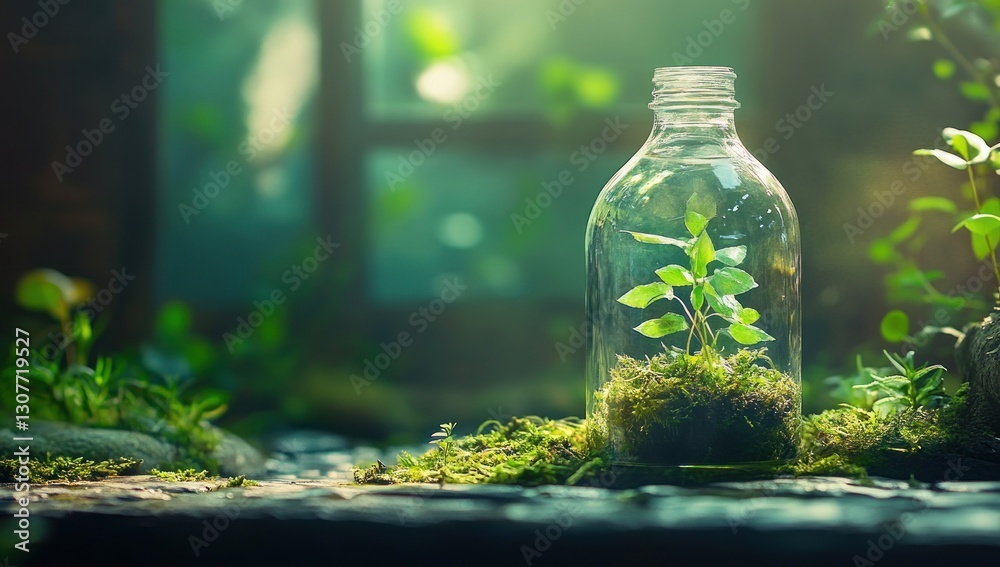 Tiny plant in a glass bottle, surrounded by moss and greenery. Tiny plant in a glass bottle, surrounded by moss and greenery.