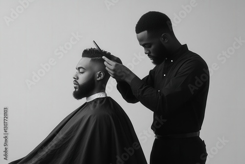 Professional photo of a barber adjusting a clients cape before starting the haircut, set against a clean, minimalist background.