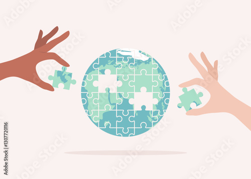 Hands of people of different nationalities and skin tones putting together missing puzzle pieces in the Earth globe. Flat vector illustration