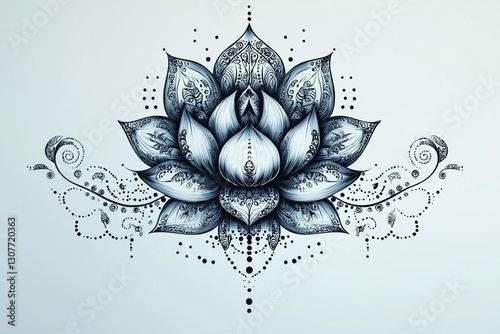 Intricate Lotus Flower Sketch Design, Elegant Floral Pattern Illustration And Ornate Decorative Elements, Symbolizing Beauty And Spirituality In Minimalistic Monochrome Style