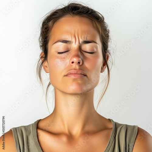 A woman with a pained expression and closed eyes. Expressing regret and remorse