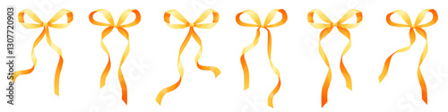 Set of yellow wavy hair ribbons, gold bow for clothes, vintage bow sets for girls. Isolated ribbons. Attributes, decoration of parties, holidays, bow for gift wrapping, box.