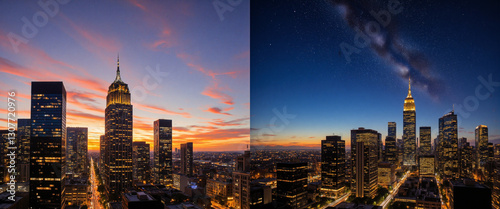 City skyline at sunset with stars appearing