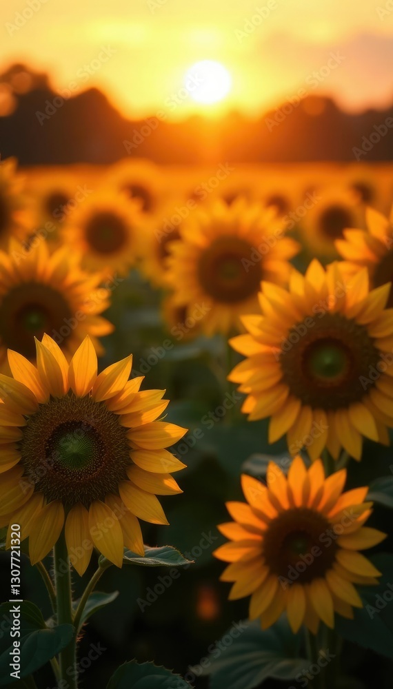 Obraz premium Warm golden light on a field of sunflowers with deep red undertones, sunflowers, warm tones, golden light