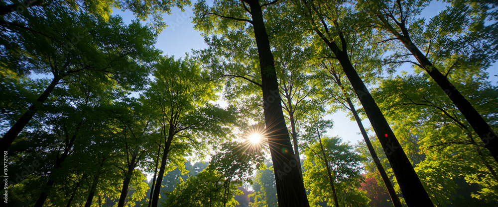 Obraz premium Sunlight shining through green trees in a forest