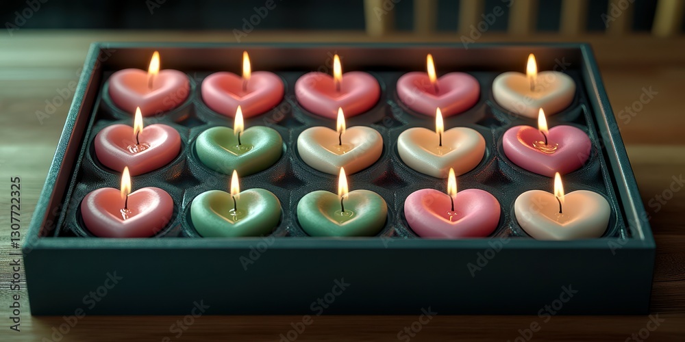 Heart-shaped candles arranged in a tray, creating a warm and inviting ambiance for a cozy evening Heart-shaped candles arranged in a tray, creating a warm and inviting ambiance for a cozy evening