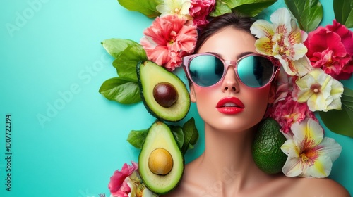 Creative portrait of a beautiful woman in sunglasses with avocado and flowers.