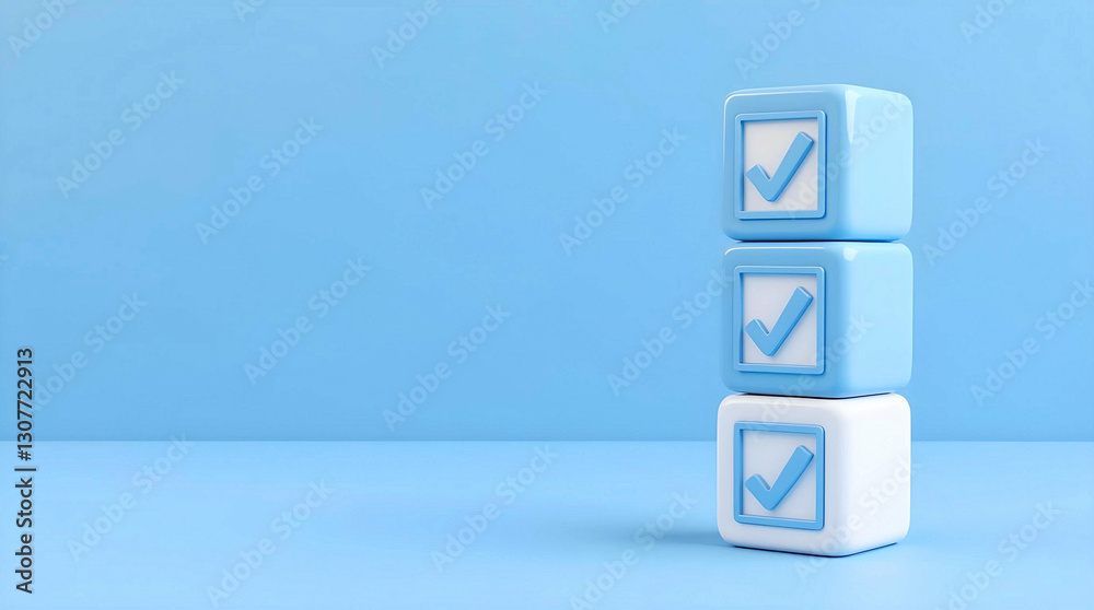 Three symbols of success: cubes with checkmarks on a backdrop with room for inspiring text. Three symbols of success: cubes with checkmarks on a backdrop with room for inspiring text.