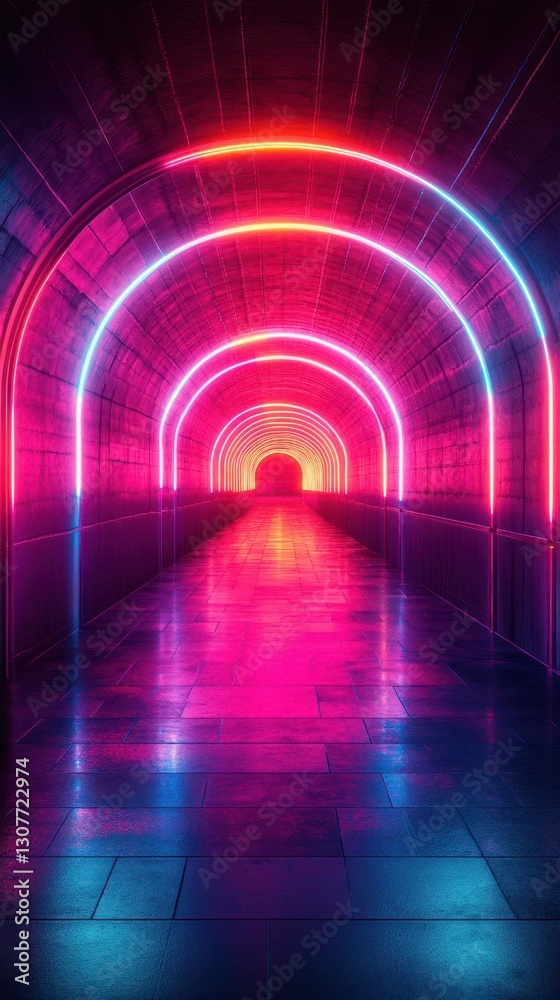 Vibrant neon-lit tunnel creates a captivating visual experience in an underground passage Vibrant neon-lit tunnel creates a captivating visual experience in an underground passage