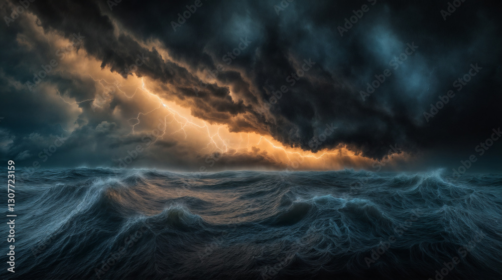 Obraz premium Dramatic ocean storm with powerful waves crashing under dark thunderclouds and lightning.