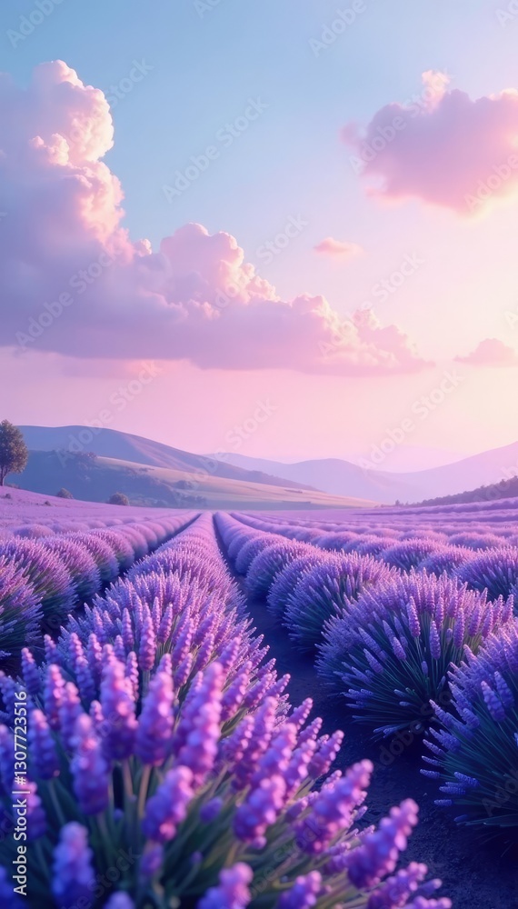 Obraz premium A dreamy lavender landscape unfolds against a backdrop of gentle pink and blue hues, lavender, soft colors, blue