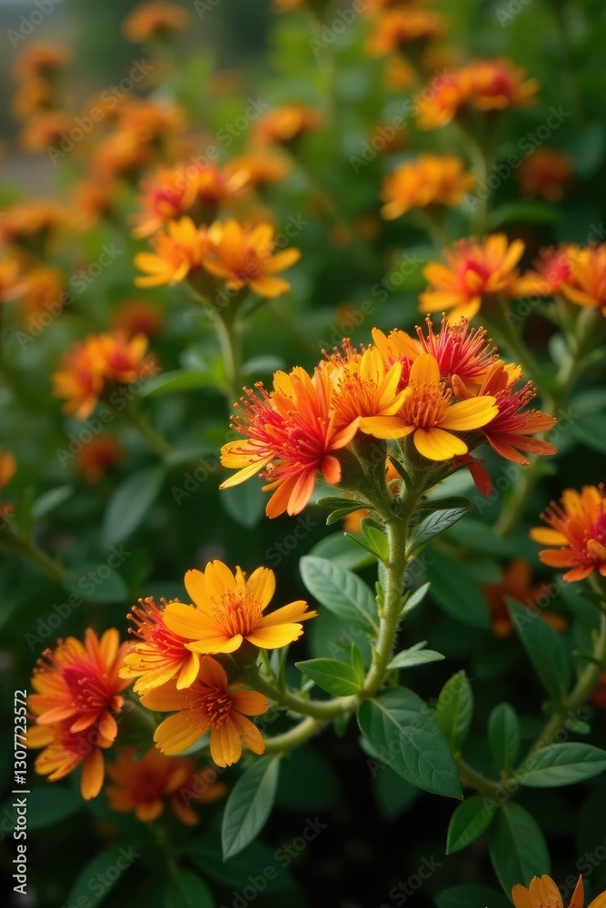 Dense thorny shrub with bright yellow and red flowers, flowering, khakiweed, red Dense thorny shrub with bright yellow and red flowers, flowering, khakiweed, red