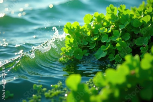 Dense Ulva green algae thicket with broken wave splash in brackish water, air bubble, laminar flow
