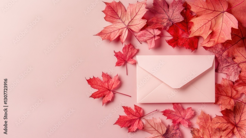 Fototapeta premium Autumn composition made of dried red maple leaf and envelope on pastel background. Fall and thanksgiving day concept. Top view. Flat lay