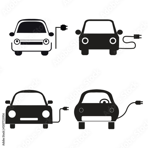 Electric Car Icon Set - EV Charging Symbol, Plug-in Vehicle Silhouette