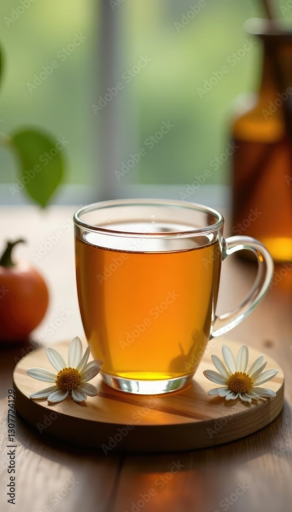 Chamomile tea in a minimalist glass cup on a wooden table, glass, cup, simple Chamomile tea in a minimalist glass cup on a wooden table, glass, cup, simple