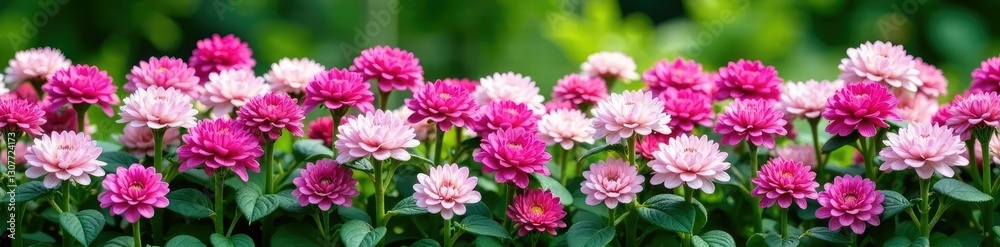 Densely packed perennial flowers in shades of pink, purple and white, against a green garden backdrop, nature, foliage Densely packed perennial flowers in shades of pink, purple and white, against a green garden backdrop, nature, foliage