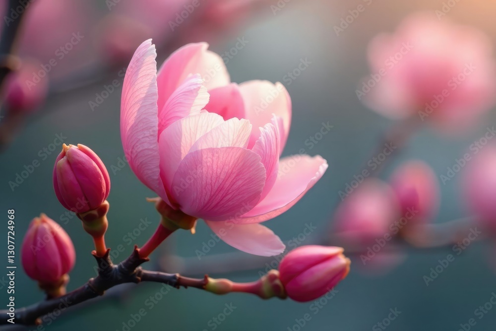 Fototapeta premium Soft pink petals unfolding from delicate branches, nature landscape, gentle hues