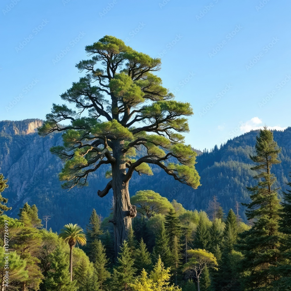 Fototapeta premium A majestic tree rises above the treetops of the mountain, vegetation, giant