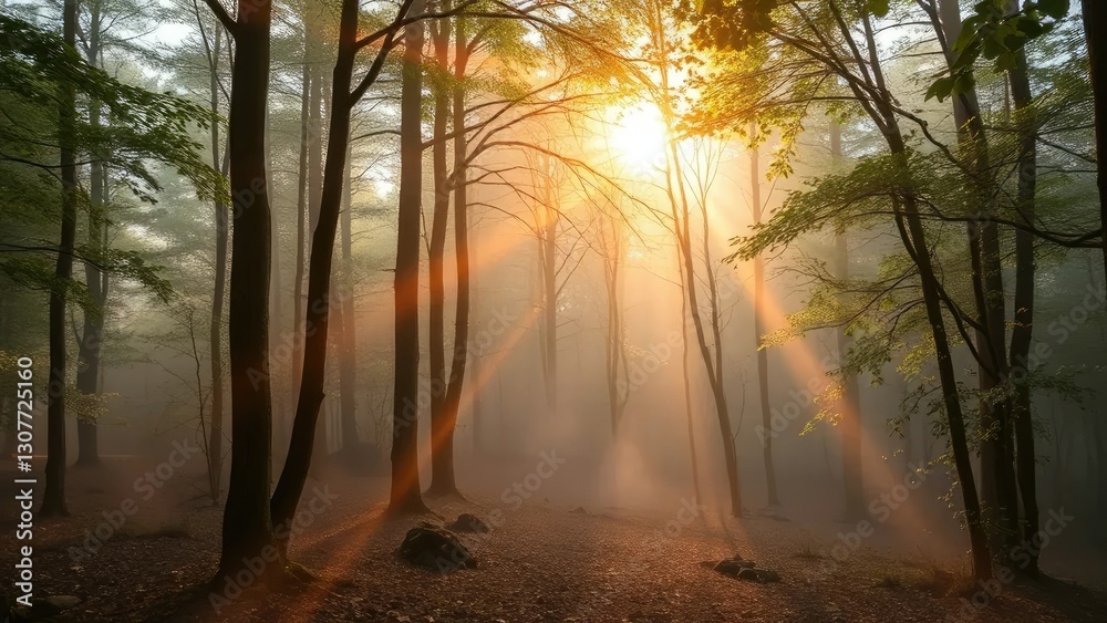 Obraz premium A serene forest at dawn with mist rising from the ground and sunlight filtering through leaves, woodland, mist