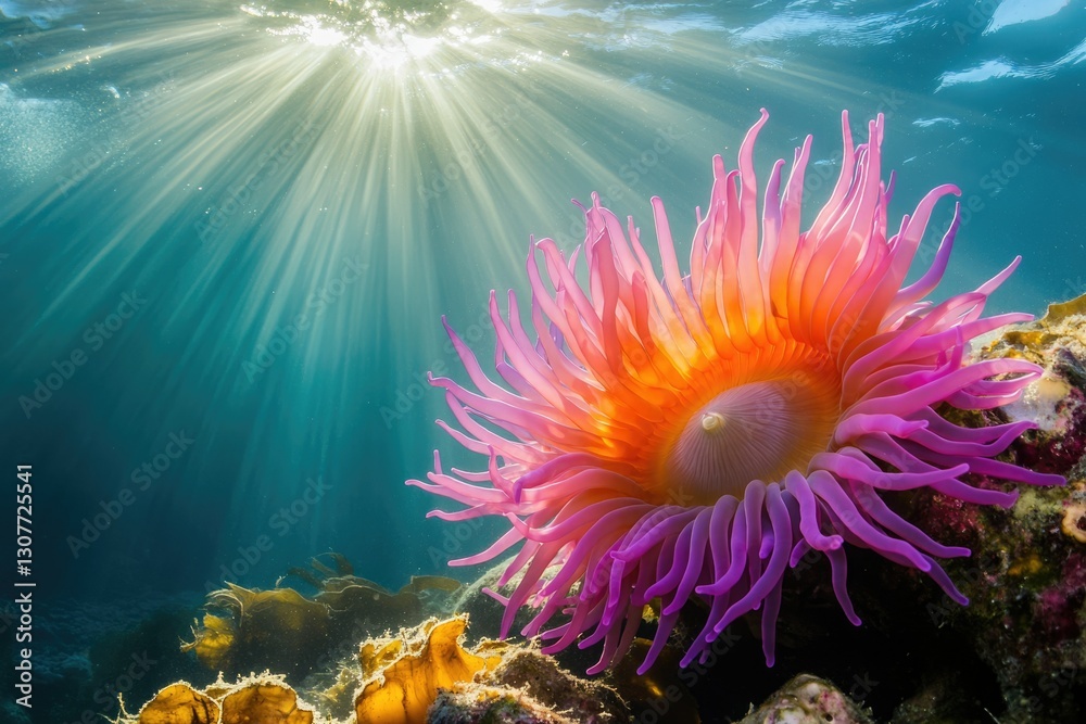 Obraz premium Vibrant underwater scene showcasing a radiant sea anemone bathed in sunbeams, a captivating spectacle of nature's artistry.