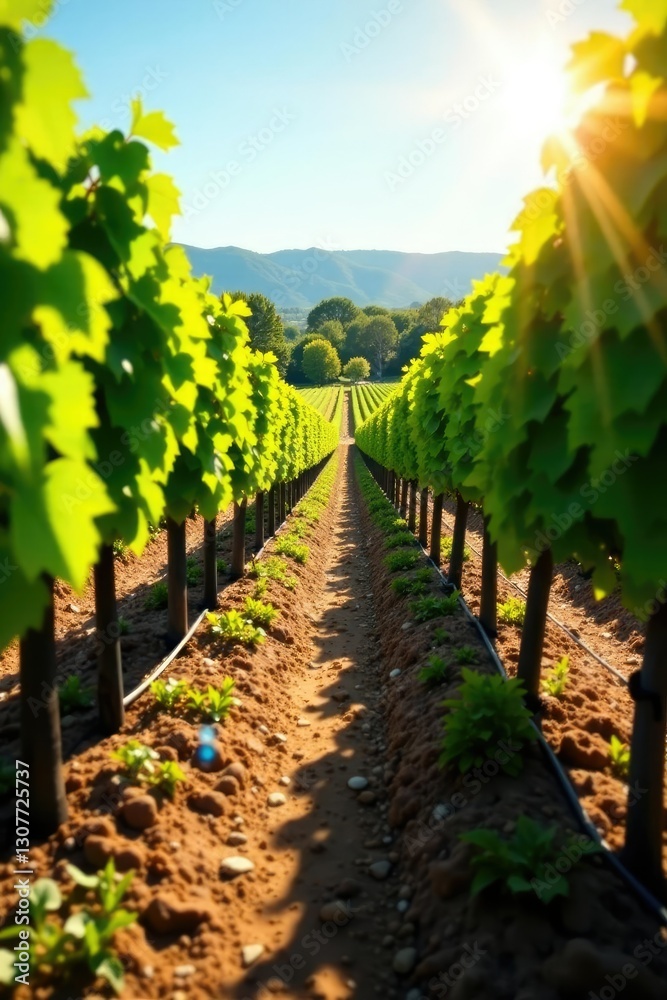 Fototapeta premium rows of vines with sunlight filtering through leaves, sunlight, vineyard life, countryside