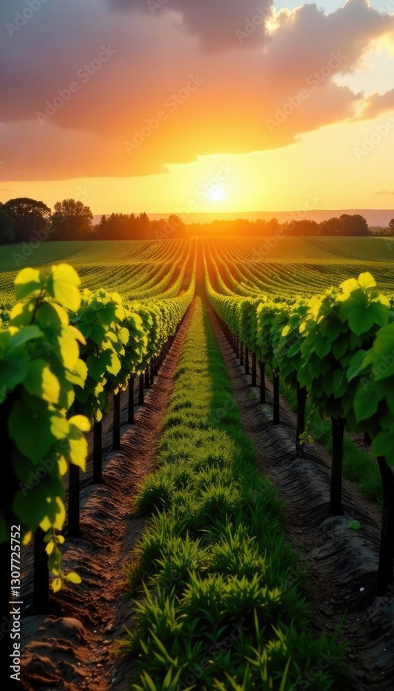 Naklejka premium Rows of vineyards stretching towards the east as morning sunlight peeks over the horizon, serene, sunrise