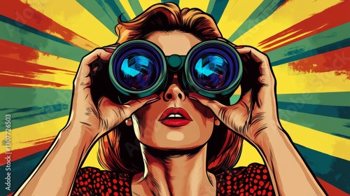 A pop art picture shows a woman looking through binoculars. It looks like a comic book.  