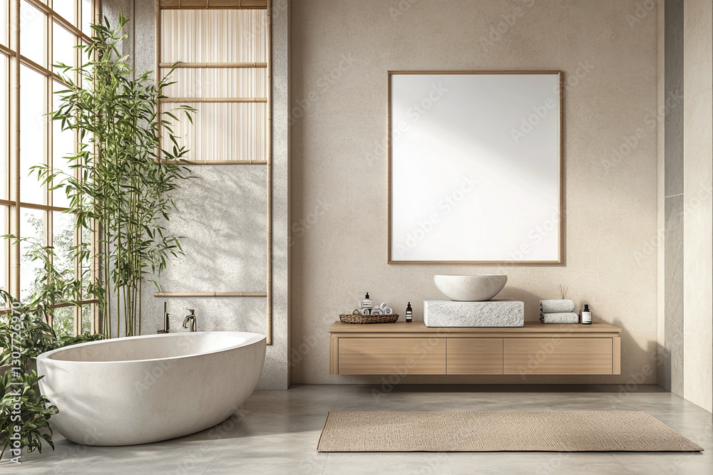 Fototapeta premium A serene, Japanese-style spa bathroom featuring a stone bathtub, bamboo plants, and natural wood accents for a tranquil, minimalist retreat. 