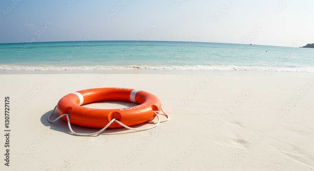 Life Preserver on Sandy Beach - Orange life preserver sits on a pristine white sand beach, turquoise ocean waves gently lapping the shore. Peaceful, serene summer scene Life Preserver on Sandy Beach - Orange life preserver sits on a pristine white sand beach, turquoise ocean waves gently lapping the shore. Peaceful, serene summer scene