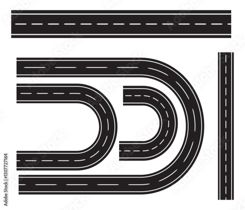 Wavy road with winding curves and horizontal path. Top view of race track and highway. Flat vector illustration isolated on white background.