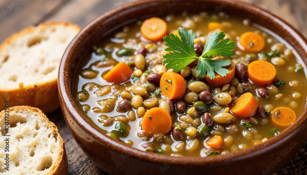 Hearty lentil soup with carrots and herbs in a rustic bowl with bread on the side Hearty lentil soup with carrots and herbs in a rustic bowl with bread on the side
