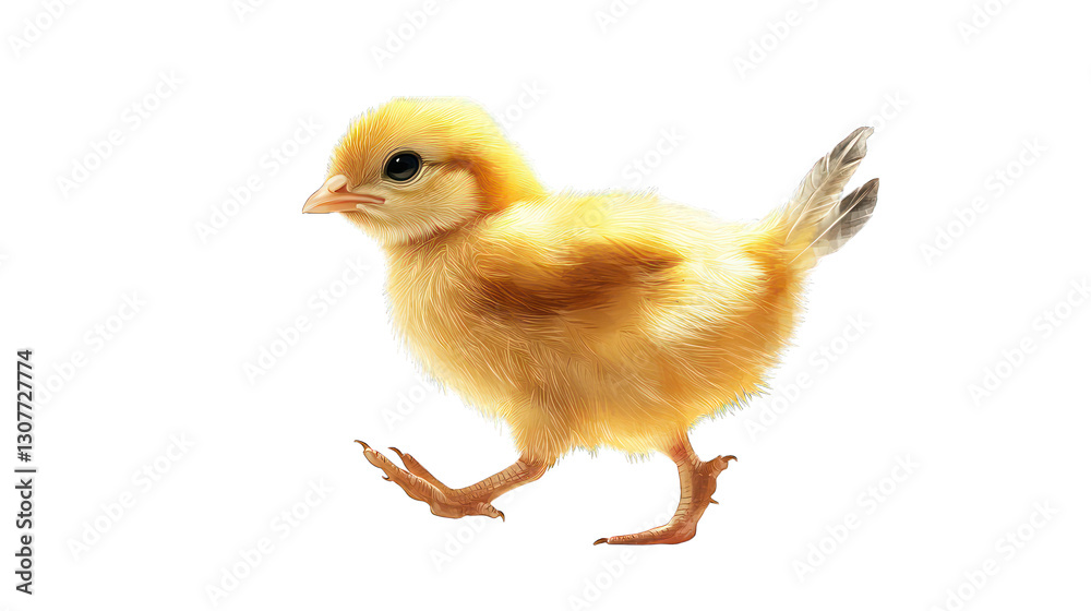 A dynamic illustration of a chick taking its first steps, with every feather rendered in ultra-realistic detail, A dynamic illustration of a chick taking its first steps, with every feather rendered in ultra-realistic detail,