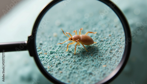 Dust mite under magnifying glass representing pest control and household allergens
