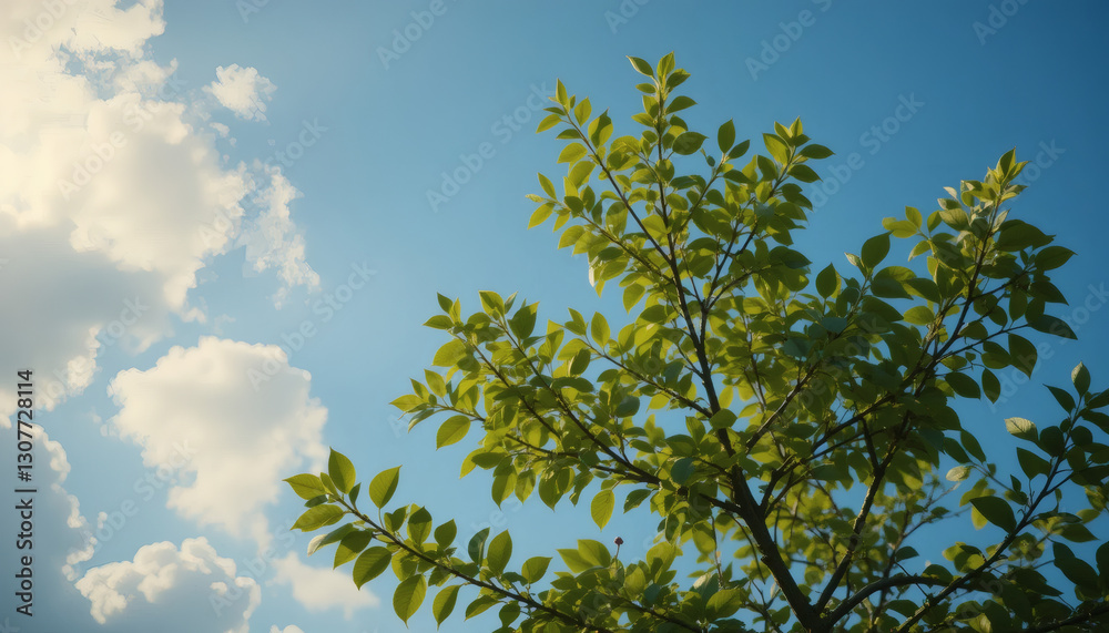 Bright green leaves against a blue sky backdrop. Bright green leaves against a blue sky backdrop.