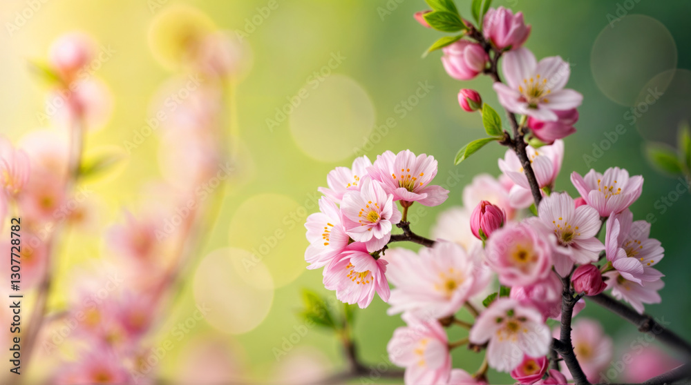 Obraz premium Springtime Blooming Cherry Blossoms Against Vivid Bokeh Background