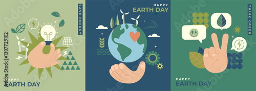 Set eco conceptual cards for Earth Day,world environment day.Save energy,take care of world,think green,live in eco friendly world.Posters,flyers for web,social media,design,marketing,advertise.Vector