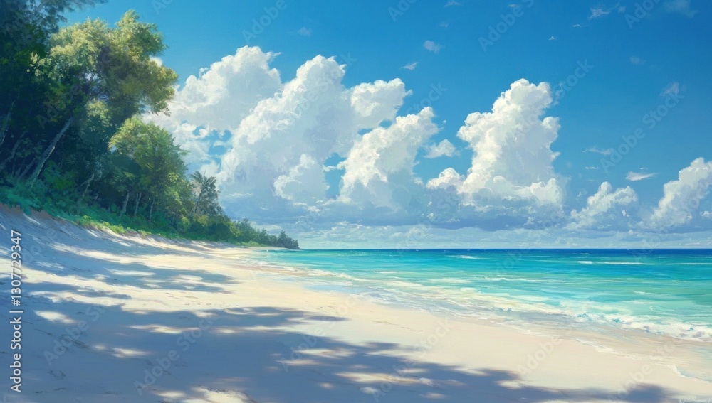 Tranquil beach scene under a vibrant blue sky with fluffy clouds, casting soft shadows on the white sand. Lush tropical trees line the shoreline. Tranquil beach scene under a vibrant blue sky with fluffy clouds, casting soft shadows on the white sand. Lush tropical trees line the shoreline.