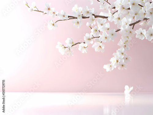 Spring blossoms on pink background, delicate flowers, light and airy scene, perfect for product display or greeting card